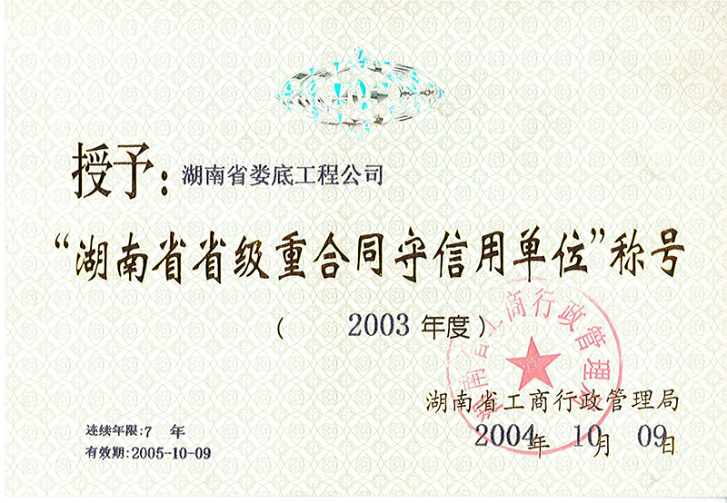 2003年度湖南省重合同守信用單位