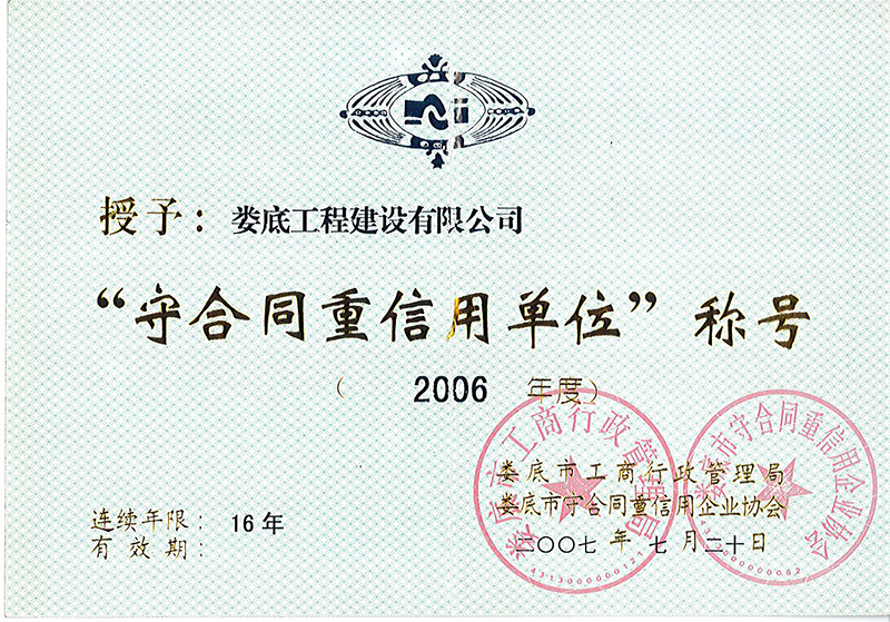 2006年度婁底市守合同重信用單位